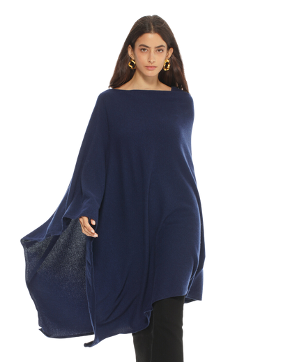 Monticelli Women's Long Pure Cashmere Poncho Made In Italy Blue 1