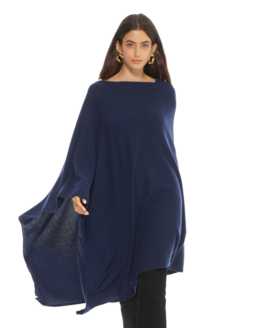 Monticelli Women's Long Pure Cashmere Poncho Made In Italy Blue 1