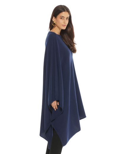 Monticelli Women's Long Pure Cashmere Poncho Made In Italy Blue 2