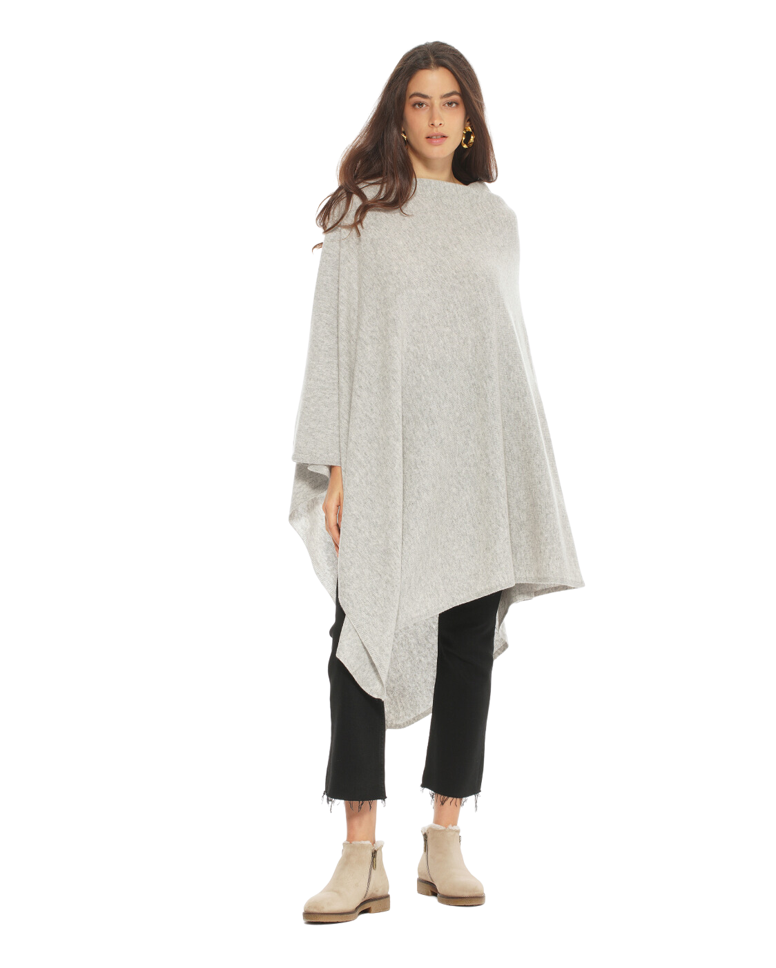 Monticelli Women's Long Pure Cashmere Poncho Made In Italy Light Grey 4