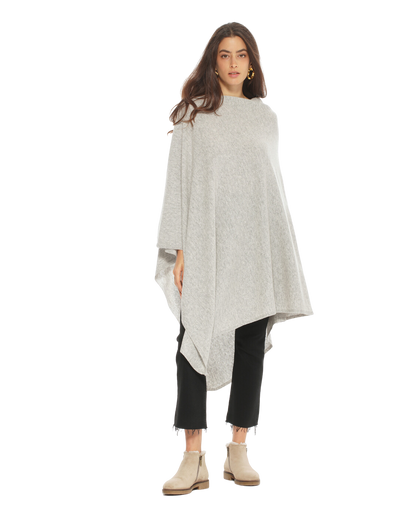 Monticelli Women's Long Pure Cashmere Poncho Made In Italy Light Grey 4