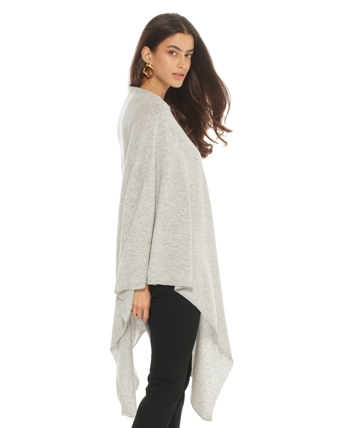 Monticelli Women's Long Pure Cashmere Poncho Made In Italy Light Grey 2