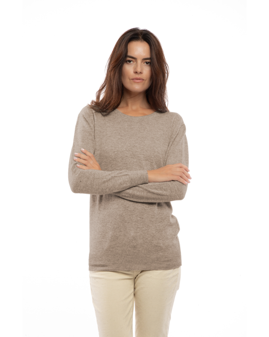 Taupe pure cashmere classic crewneck sweater, front view on a model.