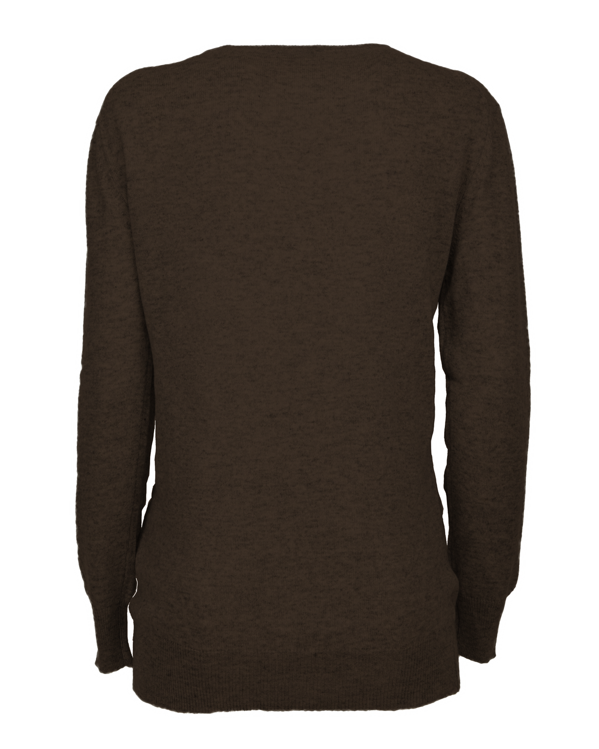 Coffee pure cashmere classic crewneck sweater, back view laid flat.