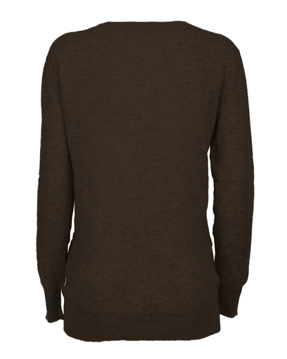 Coffee pure cashmere classic crewneck sweater, back view laid flat.