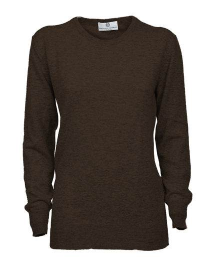Coffee pure cashmere classic crewneck sweater, front view laid flat.