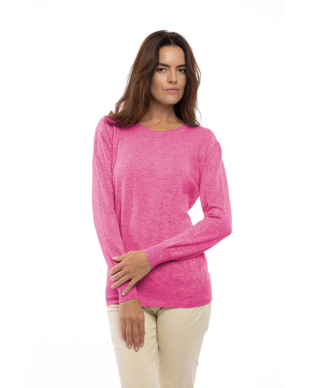 Fuchsia pure cashmere classic crewneck sweater, front view on a model.