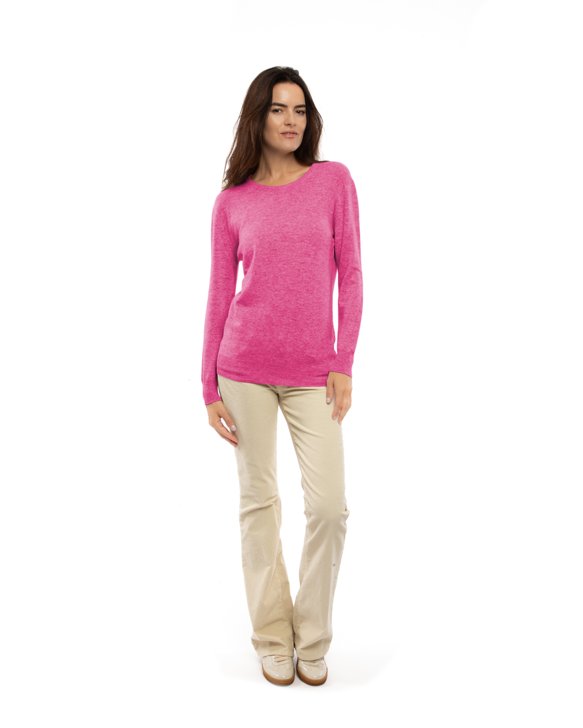 Fuchsia pure cashmere classic crewneck sweater, full-length view on a model.
