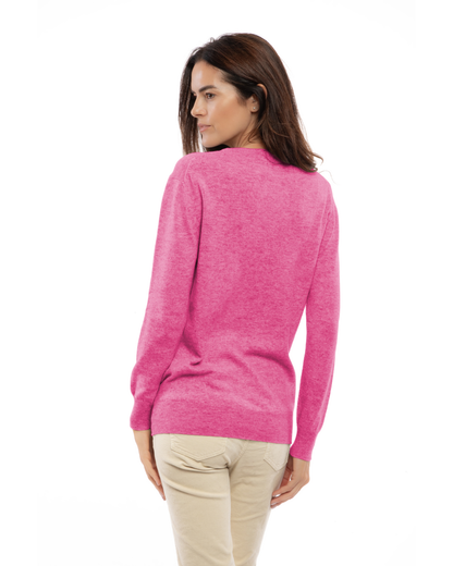 Fuchsia pure cashmere classic crewneck sweater, back view on a model.