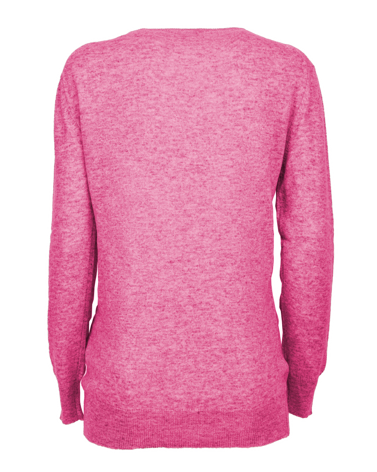 Fuchsia pure cashmere classic crewneck sweater, back view laid flat.