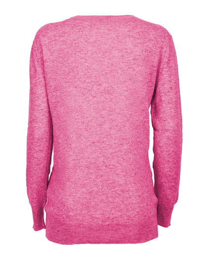 Fuchsia pure cashmere classic crewneck sweater, back view laid flat.