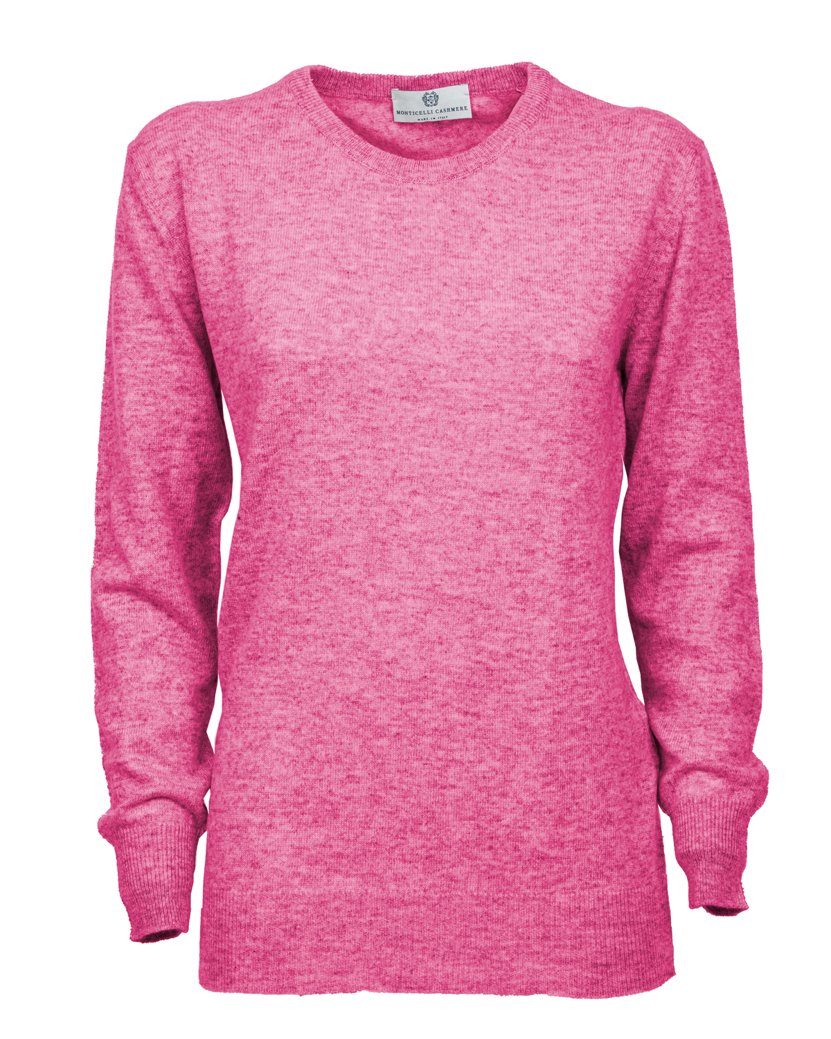 Fuchsia pure cashmere classic crewneck sweater, front view laid flat.