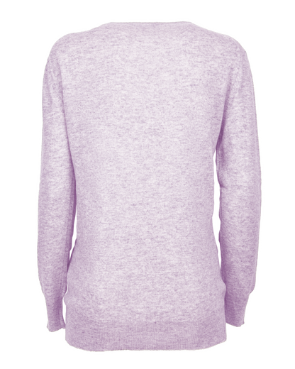 Lilac pure cashmere classic crewneck sweater, back view laid flat.