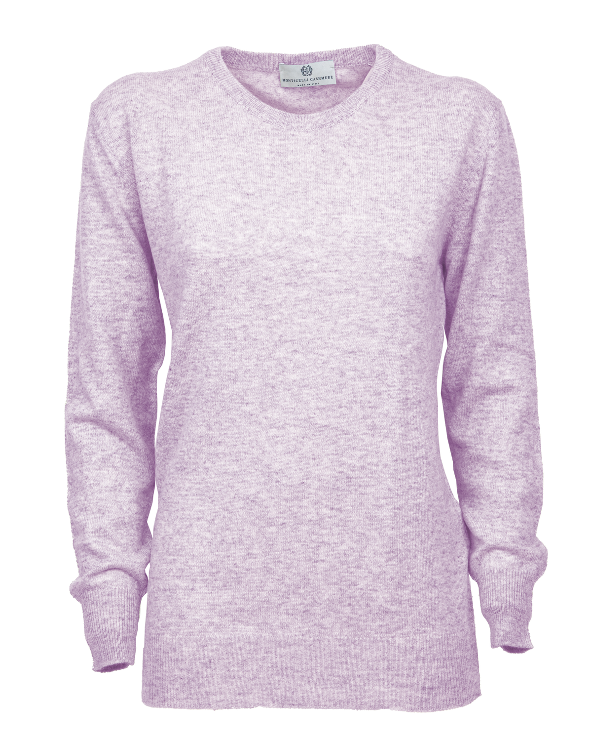 Lilac pure cashmere classic crewneck sweater, front view laid flat.