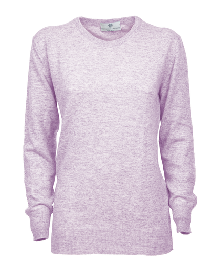 Lilac pure cashmere classic crewneck sweater, front view laid flat.