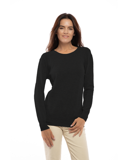 Black pure cashmere classic crewneck sweater, front view on a model.