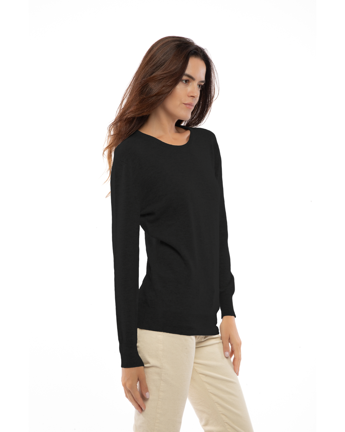 Black pure cashmere classic crewneck sweater, three-quarter view on a model.
