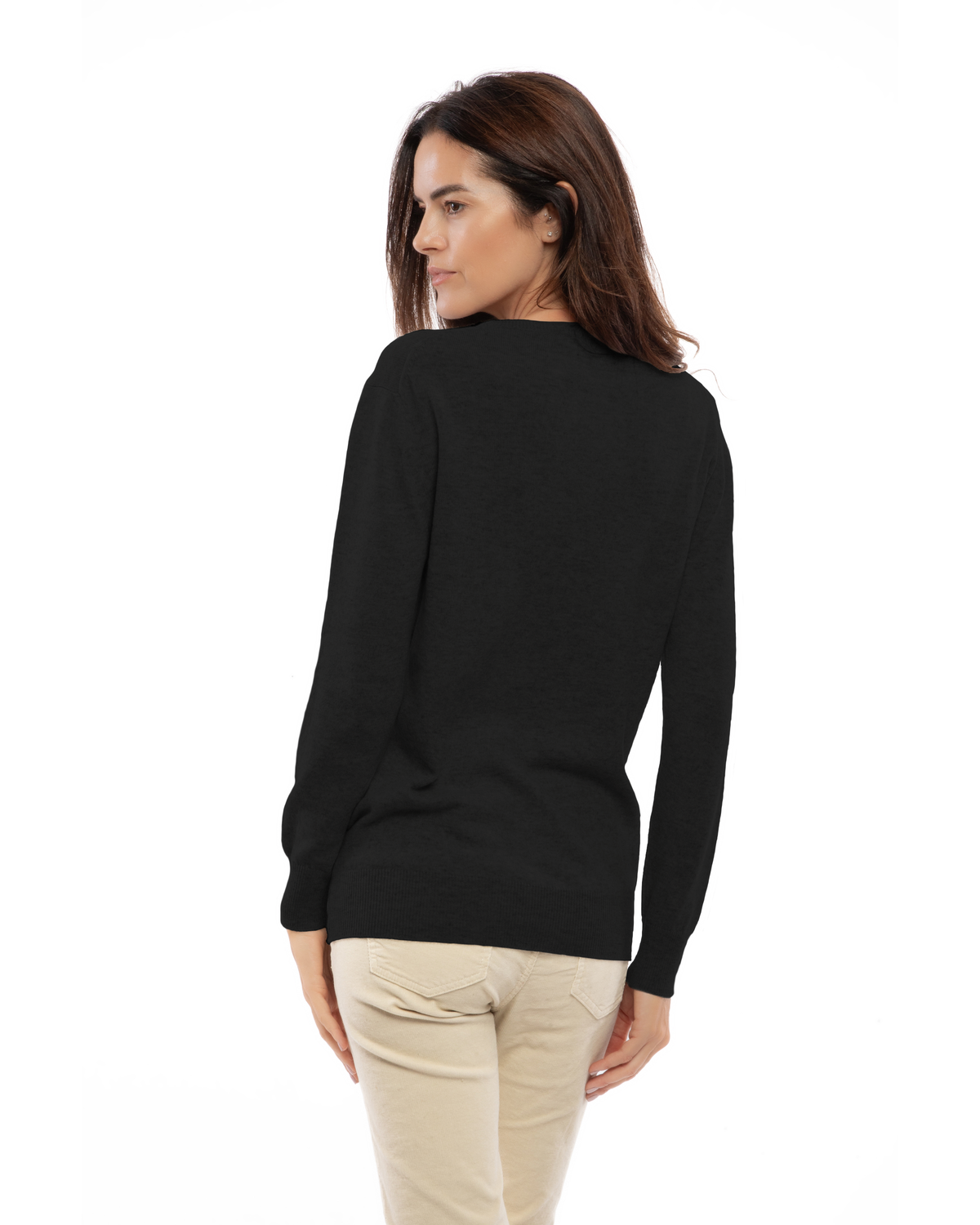 Black pure cashmere classic crewneck sweater, back view on a model.