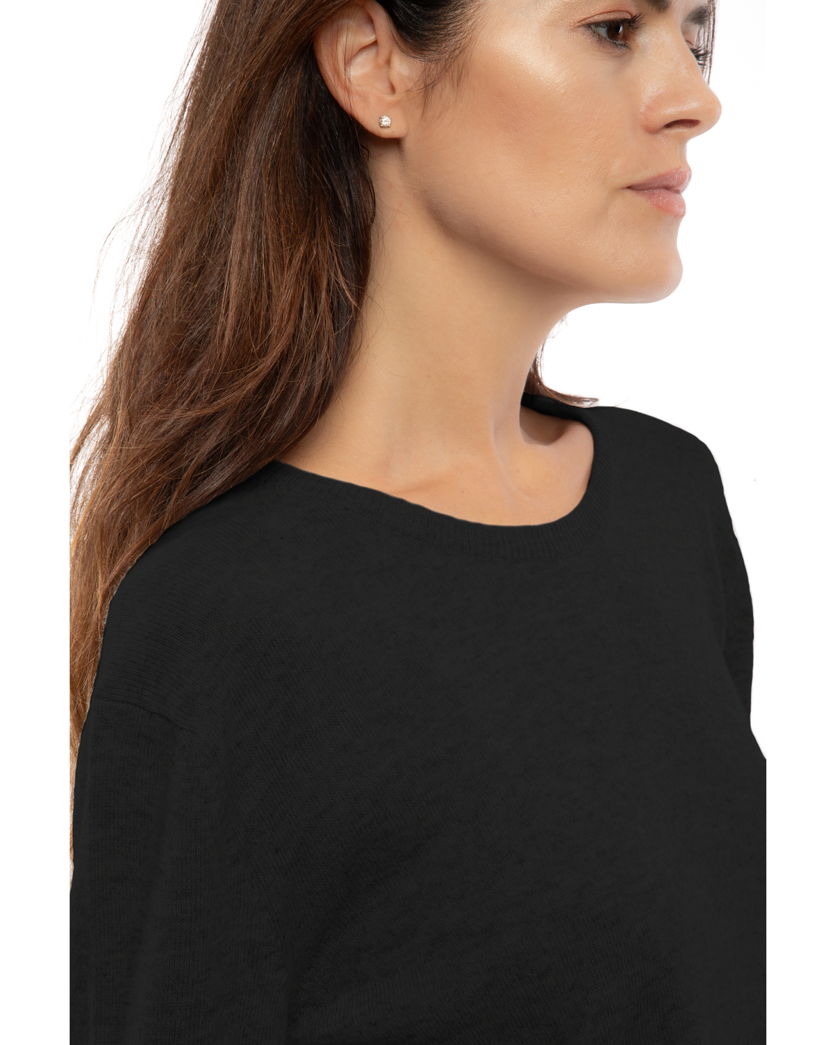 Black pure cashmere classic crewneck sweater, close-up of the crew neckline and cashmere texture.
