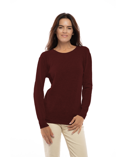 Bordeaux pure cashmere classic crewneck sweater, front view on a model.