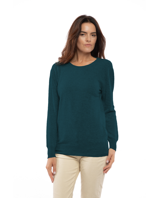 Forest Green pure cashmere classic crewneck sweater, front view on a model.