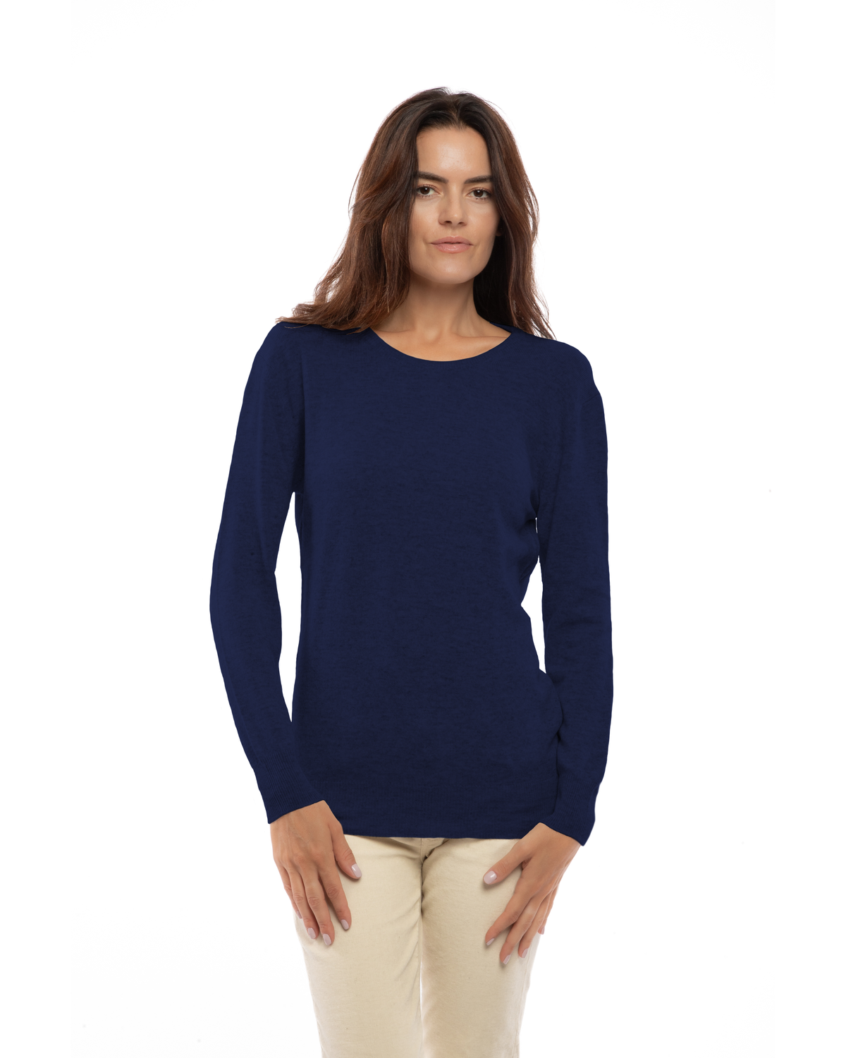 Blue pure cashmere classic crewneck sweater, front view on a model.