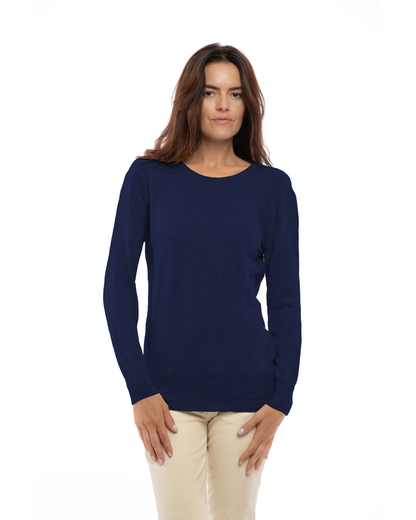 Blue pure cashmere classic crewneck sweater, front view on a model.