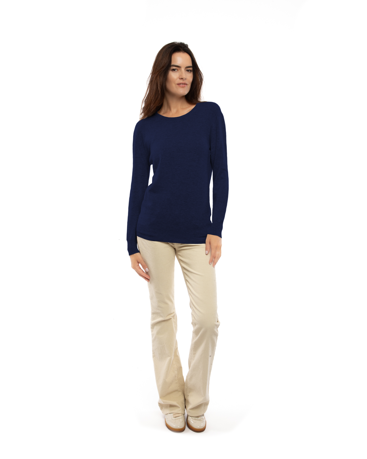 Blue pure cashmere classic crewneck sweater, full-length view on a model.