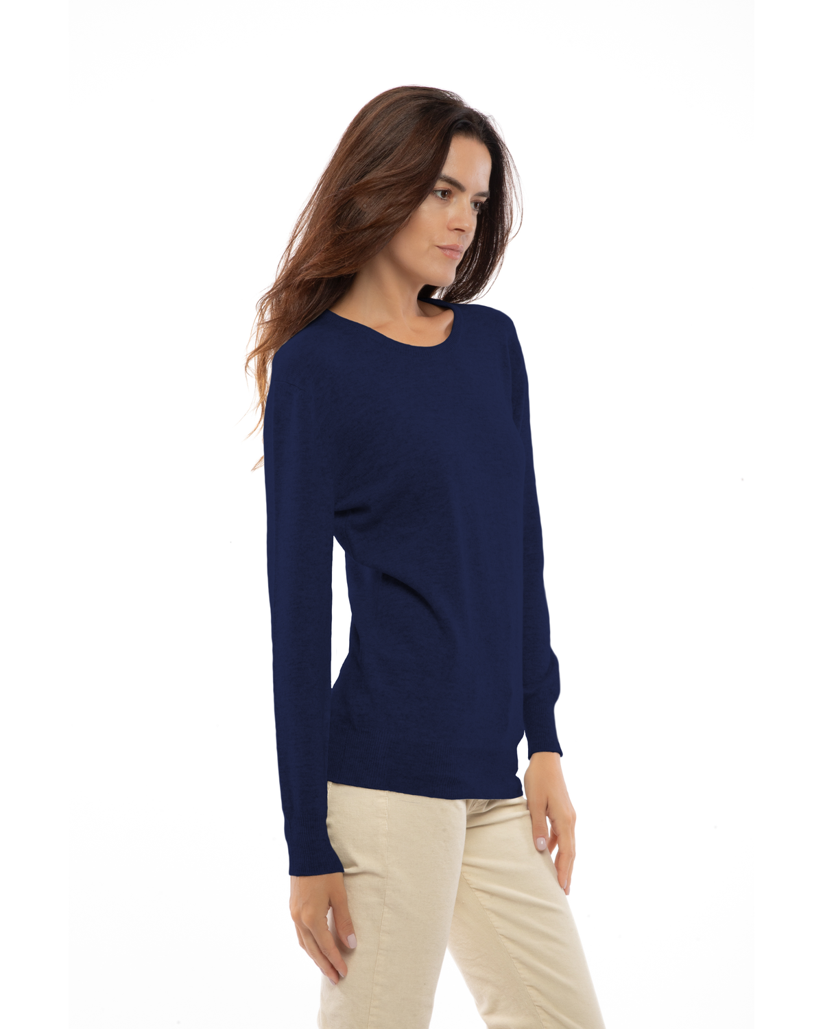 Blue pure cashmere classic crewneck sweater, three-quarter view on a model.