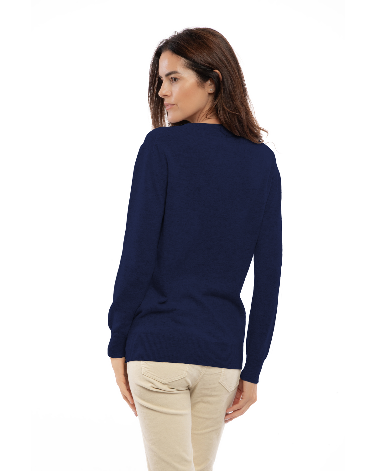 Blue pure cashmere classic crewneck sweater, back view on a model.