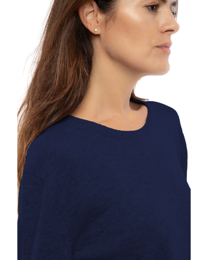 Blue pure cashmere classic crewneck sweater, close-up of the crew neckline and cashmere texture.