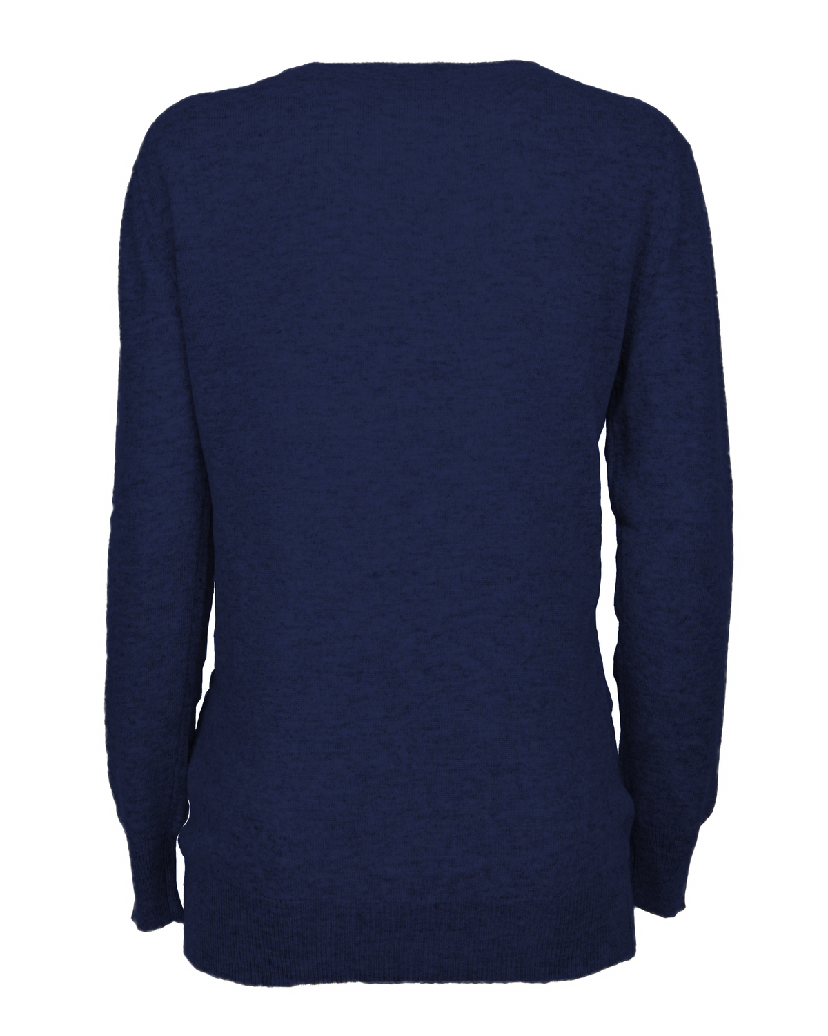 Blue pure cashmere classic crewneck sweater, back view laid flat.