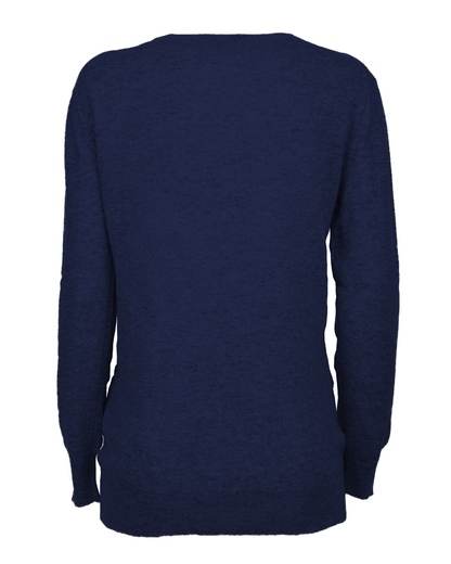 Blue pure cashmere classic crewneck sweater, back view laid flat.