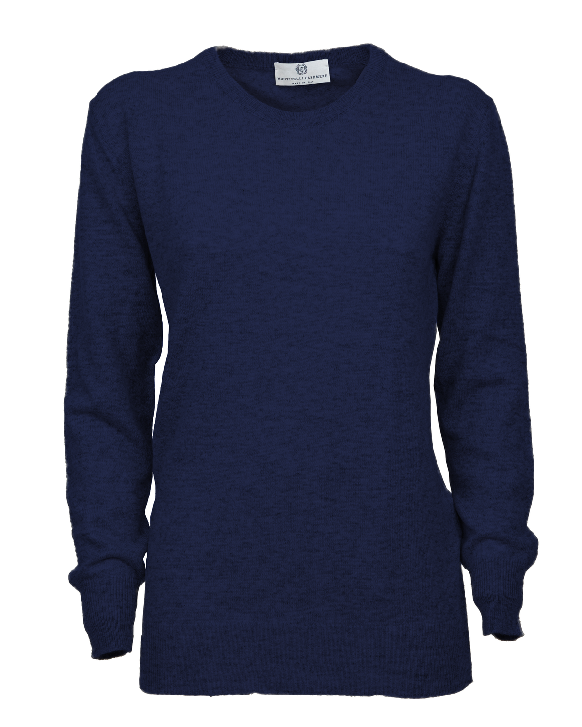 Blue pure cashmere classic crewneck sweater, front view laid flat.