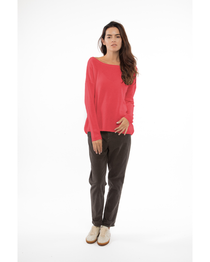 Coral Red oversized pure cashmere boatneck sweater, full-length view on a model.
