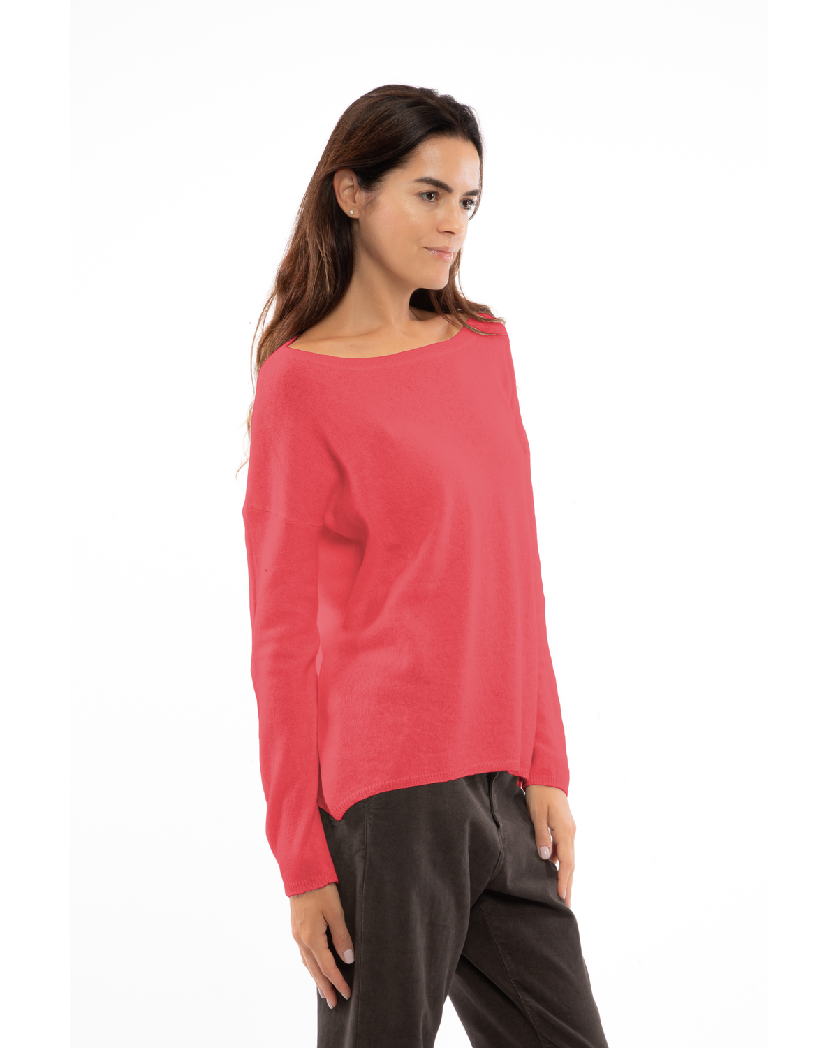 Coral Red oversized pure cashmere boatneck sweater, three-quarter view on a model.