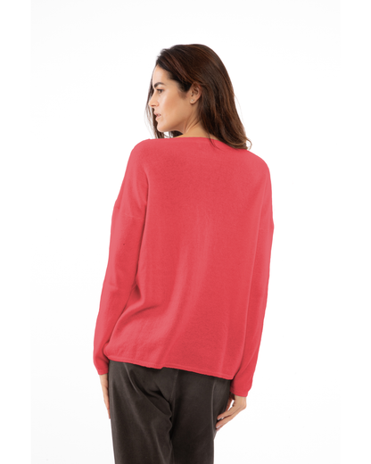 Coral Red oversized pure cashmere boatneck sweater, back view on a model.