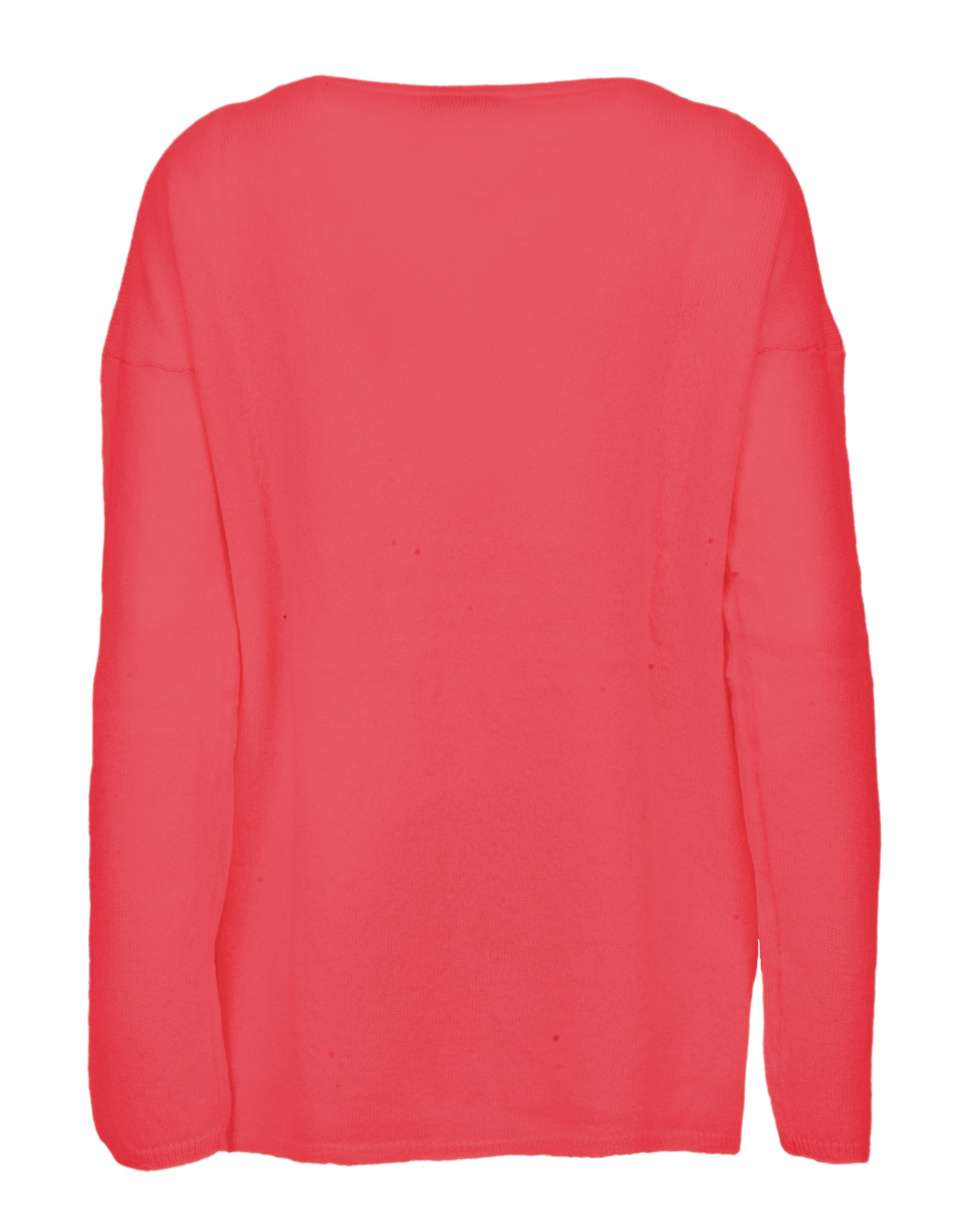 Coral Red oversized pure cashmere boatneck sweater, back view laid flat.