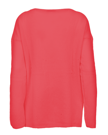 Coral Red oversized pure cashmere boatneck sweater, back view laid flat.