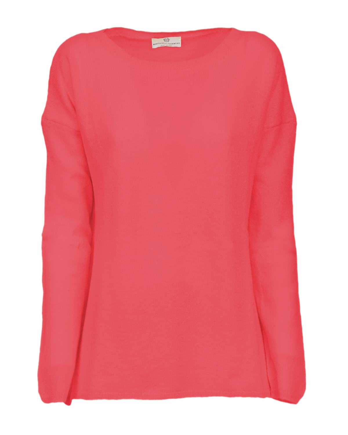 Coral Red oversized pure cashmere boatneck sweater, front view laid flat.