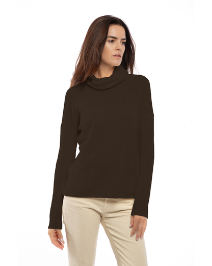 Coffee oversized pure cashmere cowl-neck sweater, model view.