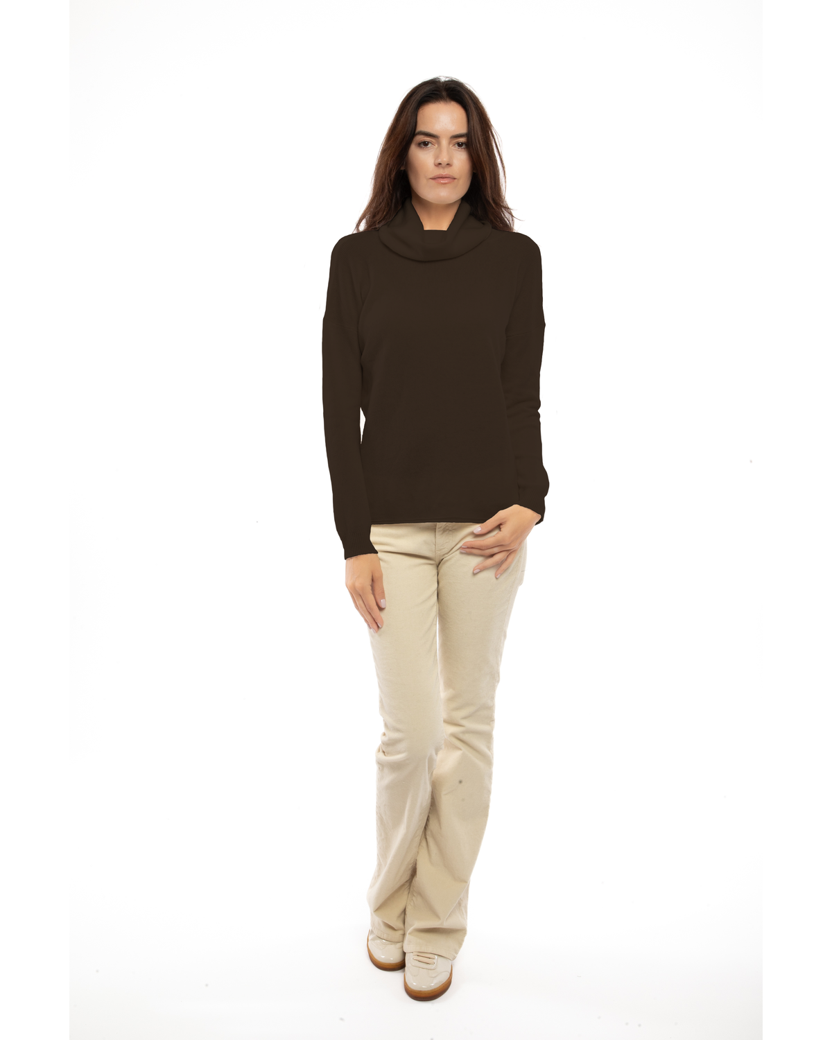 Coffee oversized pure cashmere cowl-neck sweater, full-length view on a model.