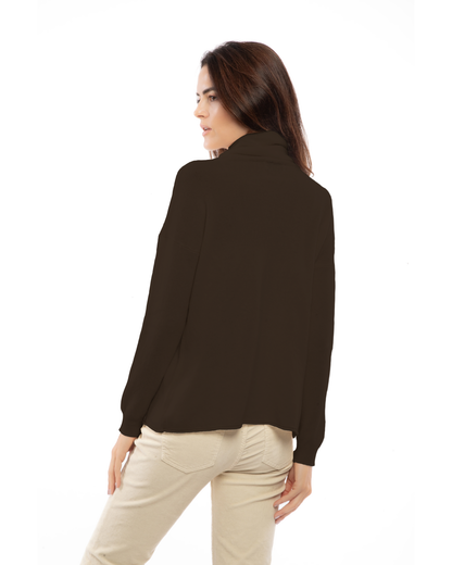 Coffee oversized pure cashmere cowl-neck sweater, back view on a model.