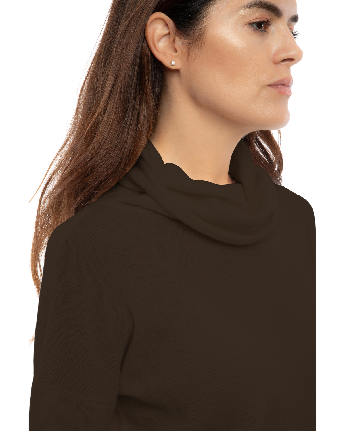 Coffee oversized pure cashmere cowl-neck sweater, close-up of the draped cowl neckline and cashmere texture.