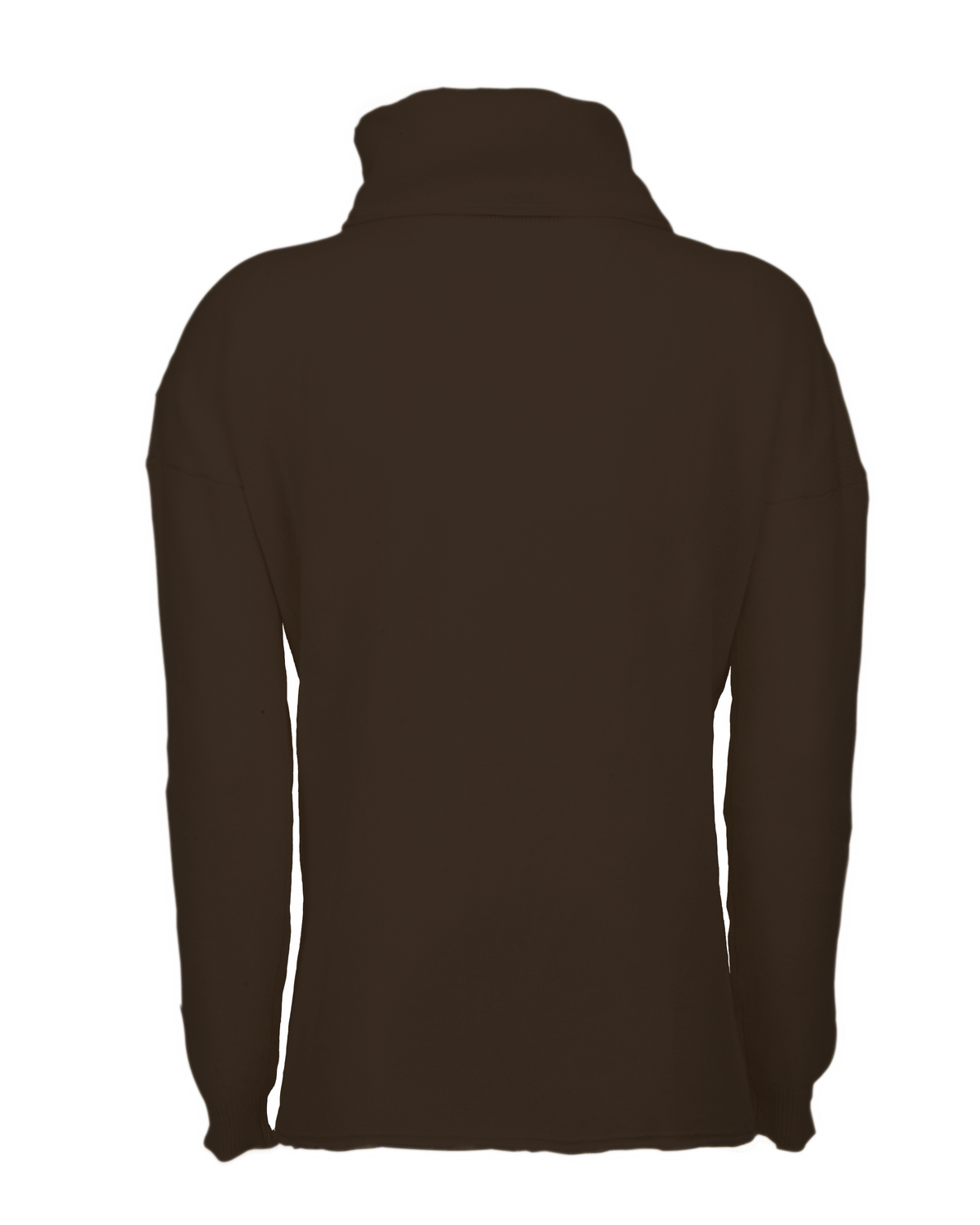 Coffee oversized pure cashmere cowl-neck sweater, back view laid flat.