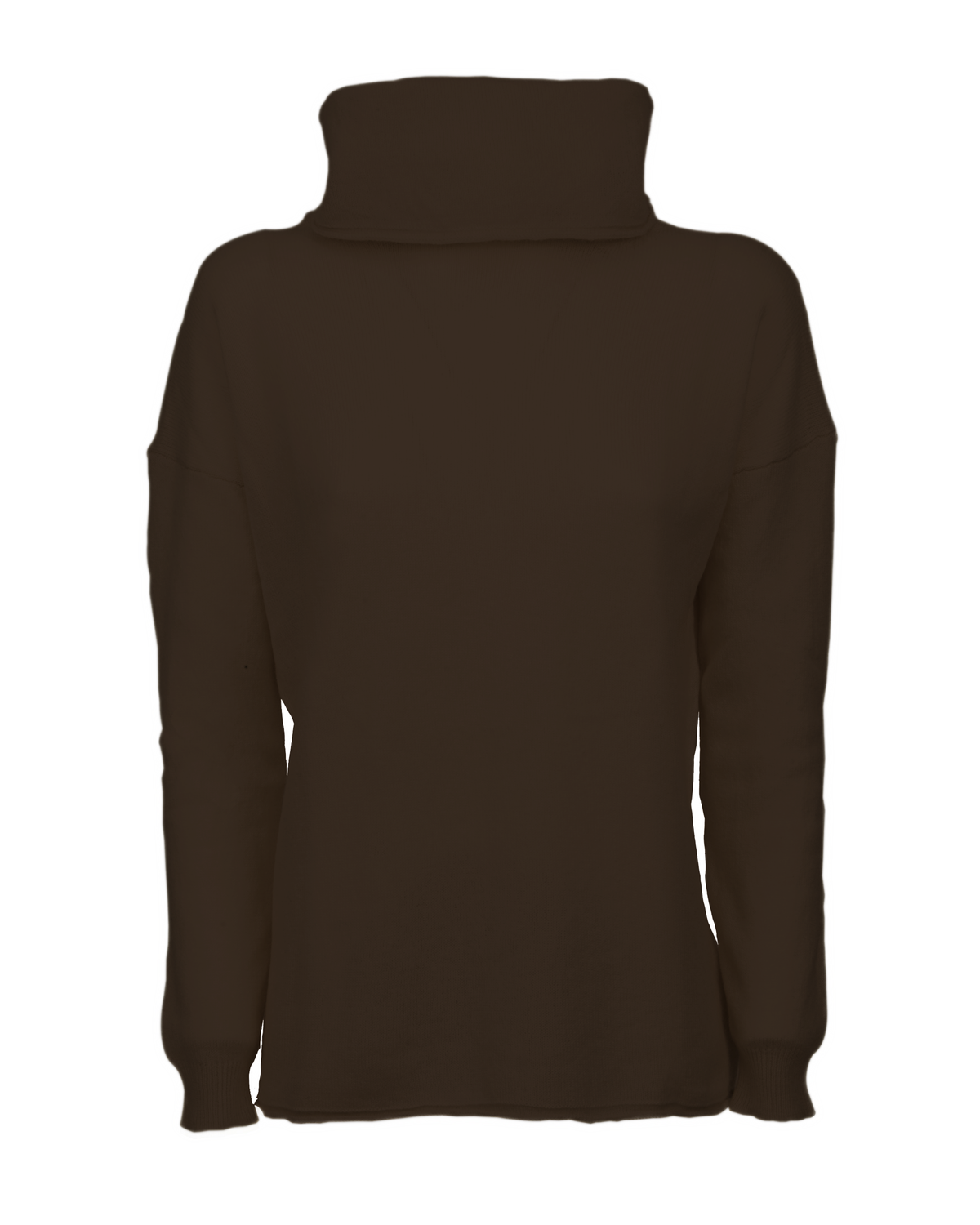Coffee oversized pure cashmere cowl-neck sweater, front view laid flat.