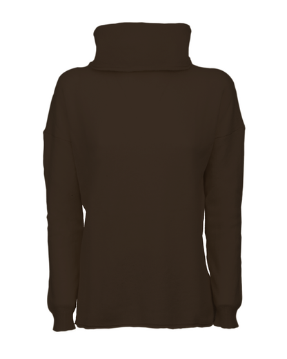 Coffee oversized pure cashmere cowl-neck sweater, front view laid flat.