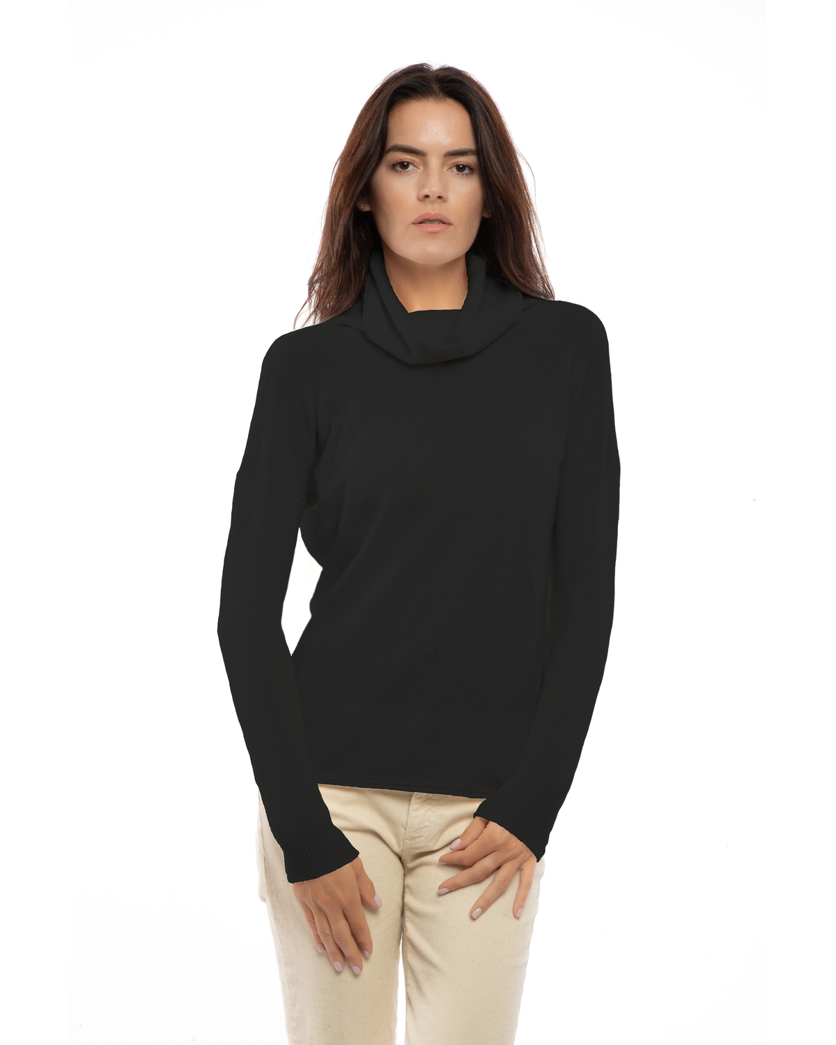 Black oversized pure cashmere cowl-neck sweater, model view.