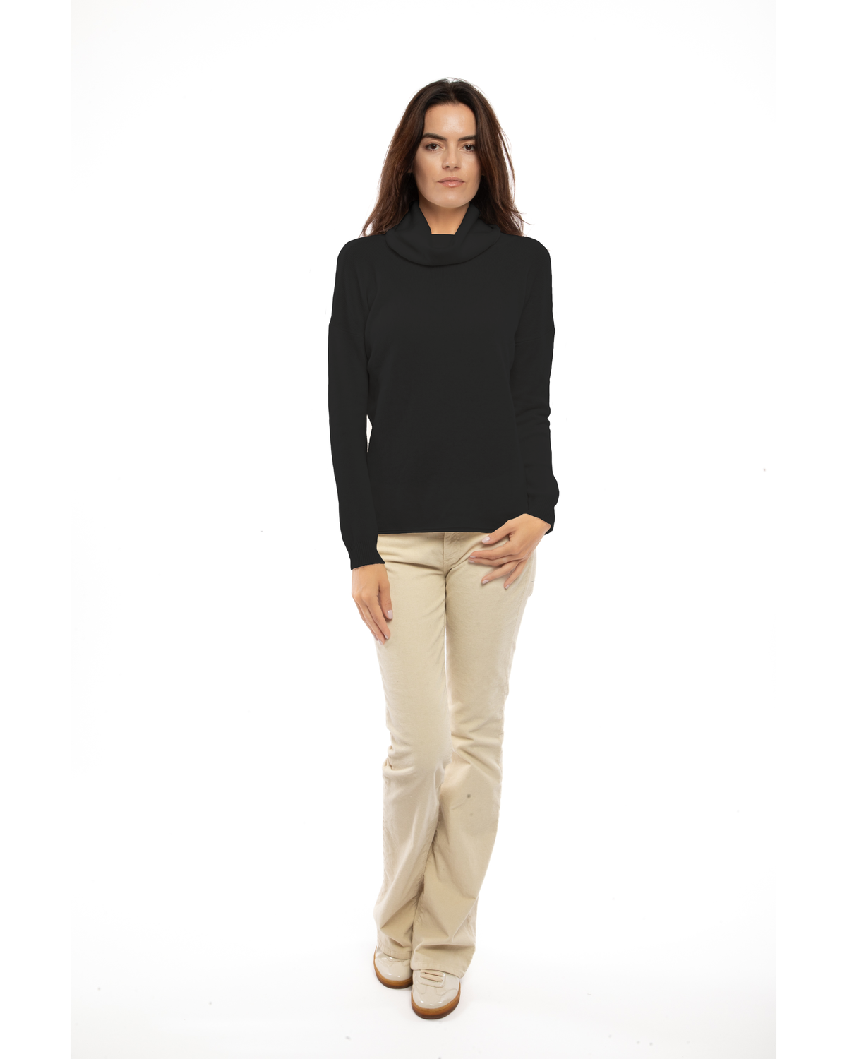 Black oversized pure cashmere cowl-neck sweater, full-length view on a model.