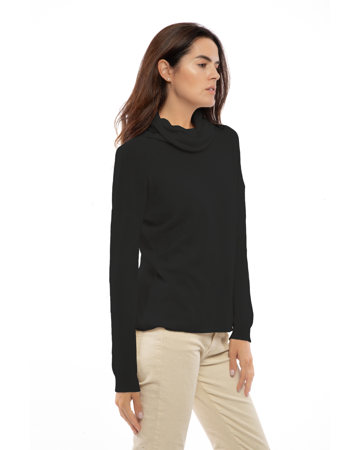 Black oversized pure cashmere cowl-neck sweater, three-quarter view on a model.